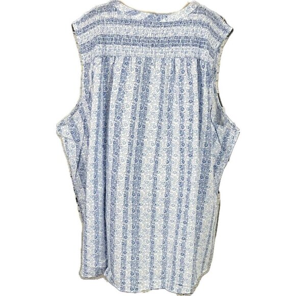 Woman Within +34/36 Blue Floral Split Neck Shirred Linen Blend Sleeveless Top - Picture 4 of 6